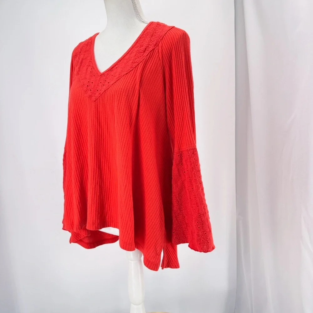 Free People Parisian Nights Bell Sleeve Peasant Blouse Eyelet Orange Size S/M